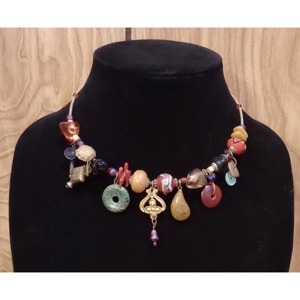 Vintage Multi Stone Bohemian Style .:* 22" Beaded Coil Necklace *:. w/Coral